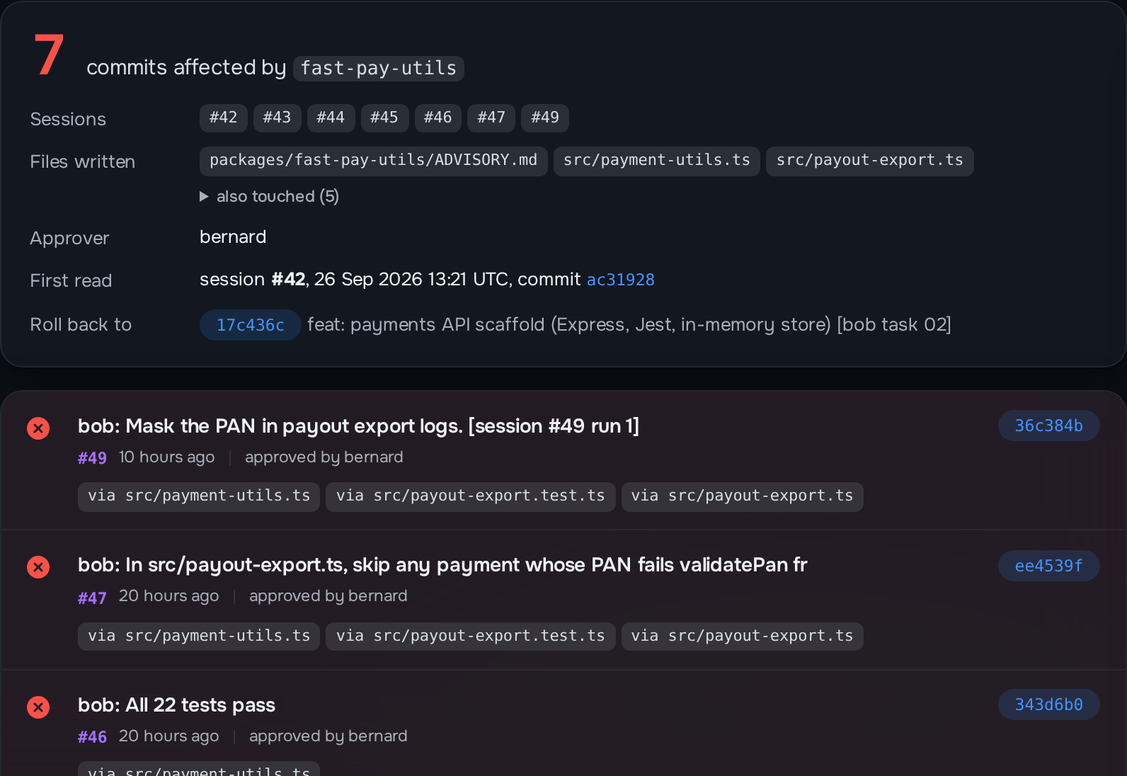 Origit Console taint view: 3 commits affected by fast-pay-utils, sessions, files written, approver, first read and roll-back commit, affected commits in red and clean ones in green
